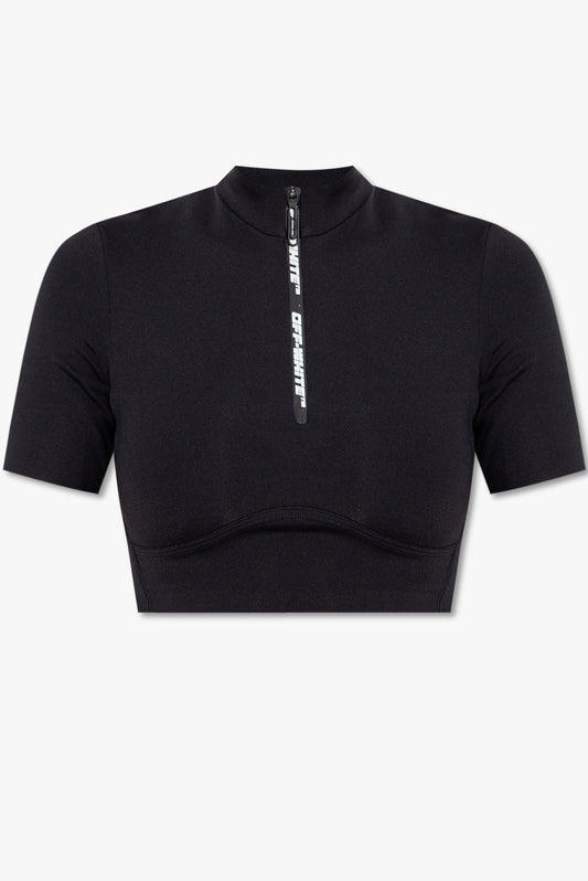 Off White Zip Logo Crop Active T-Shirt Black