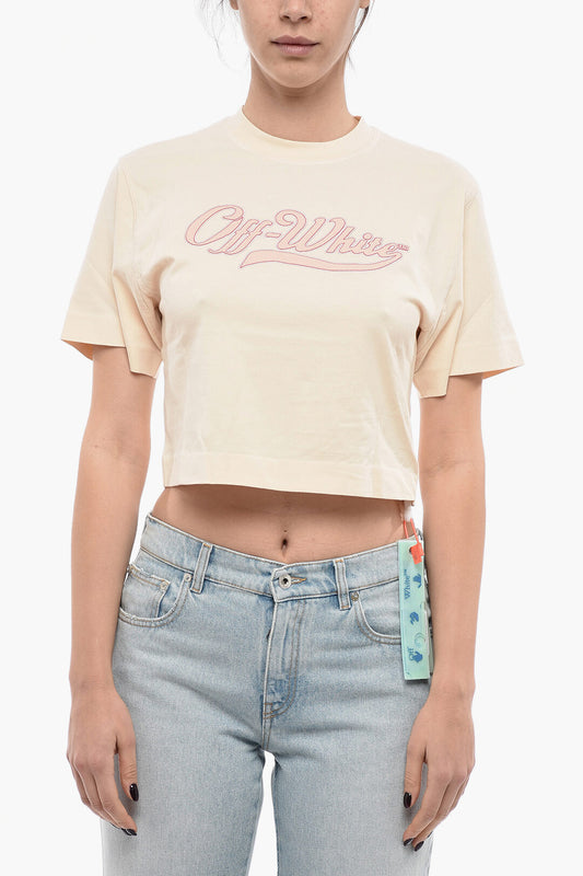 Off White Baseball Logo Crop T-Shirt Beige