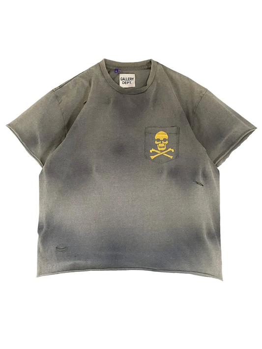 Gallery Dept Skull and Crossbones-print Distressed T-shirt Grey